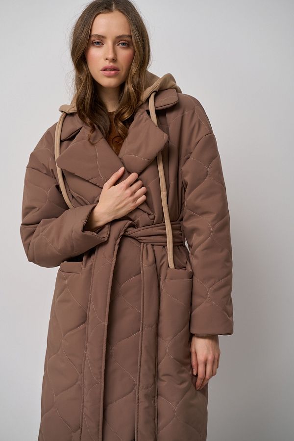 Long brown coat with strap and detachable hood K0722/20 #RU#  K0722/20 № 6