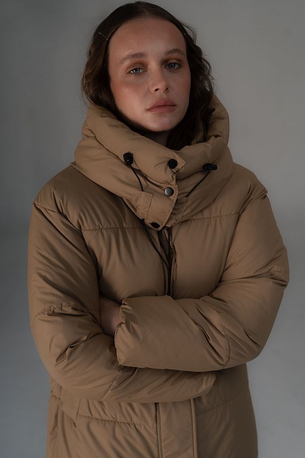Long beige down jacket with hood  240906/3 #RU#  240906/3 № 3
