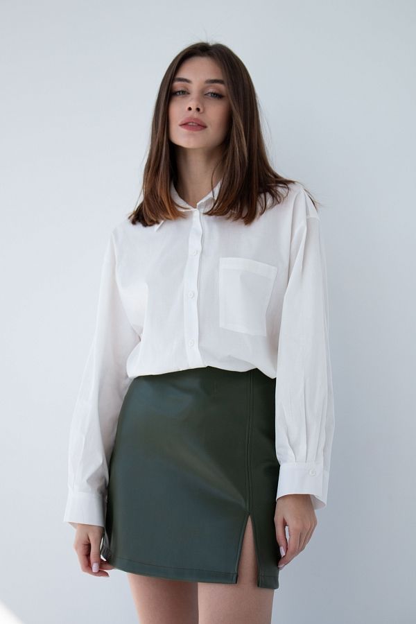 Skirt mini from green eco-leather B0222/5 #RU# Spódnica mini wykonana z ekoskóry w kolorze ciemnej zieleni B0222/5 № 1