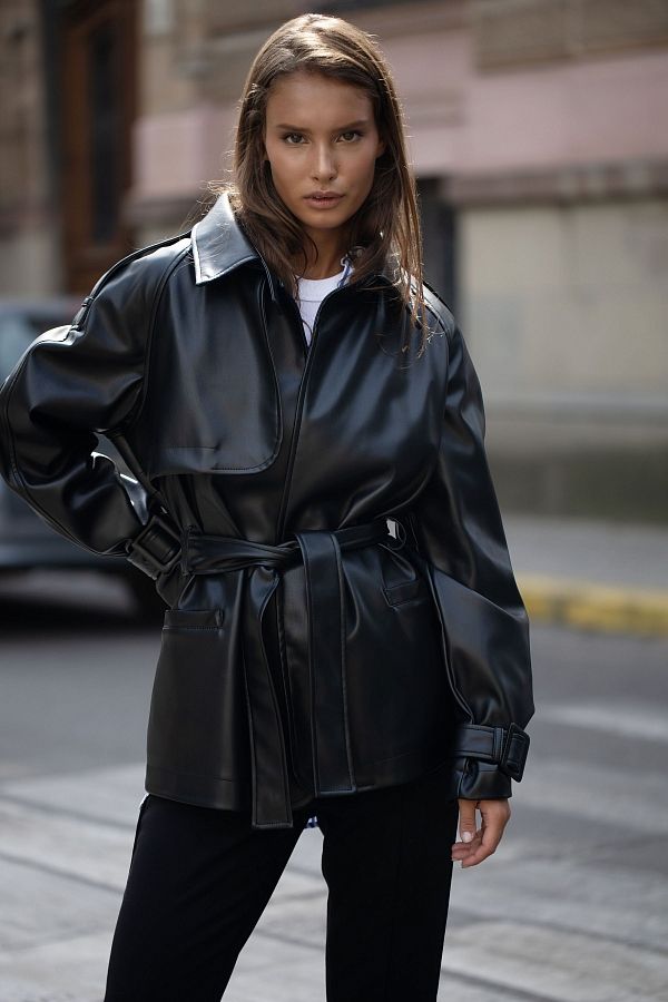 Short eco-leather trench with belt black МБКТ009 #RU#  МБКТ009 № 4