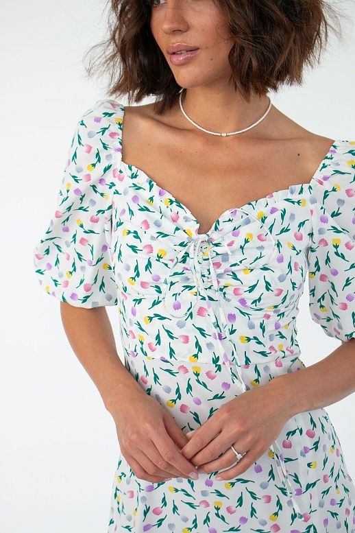 Midi dress with slit and short sleeve ivory in multicolored flowers - №2