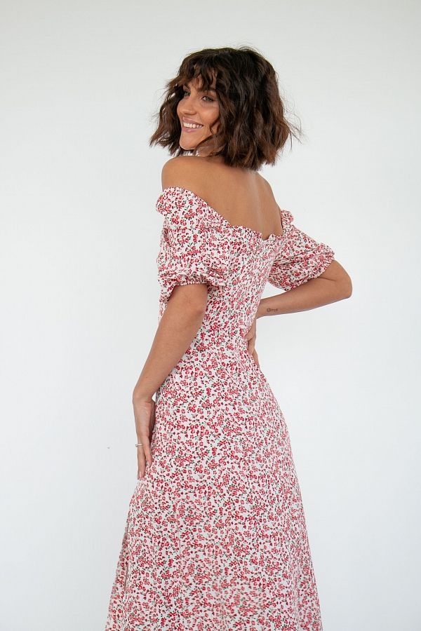 Midi dress with slit short sleeves ivory with red flowers D0521KR/8 № 4