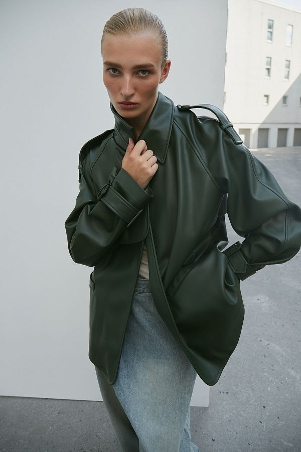 Short eco-leather trench with belt dark green МБКТ009/2 #RU#  МБКТ009/2 № 3