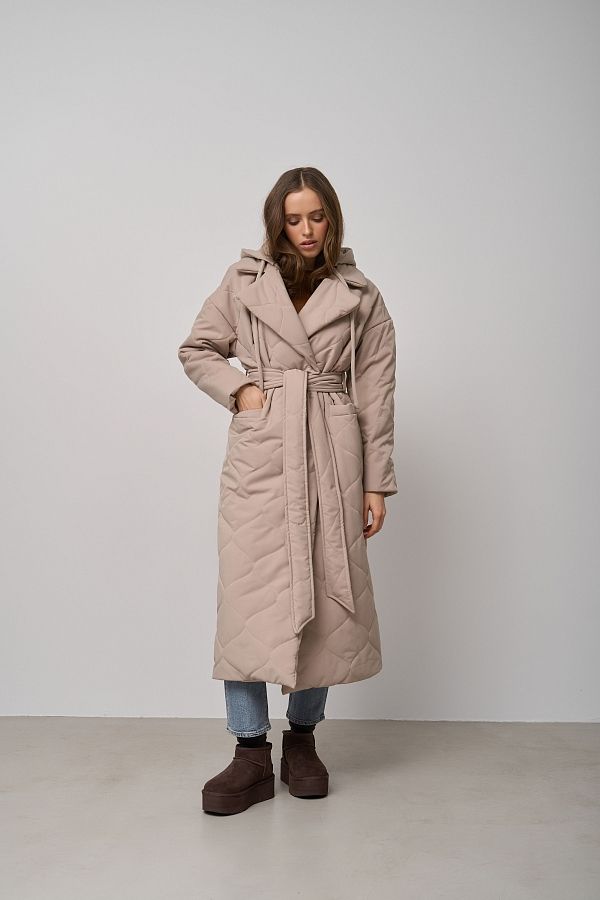 Long light beige coat with strap and detachable hood K0722/21 #RU#  K0722/21 № 4