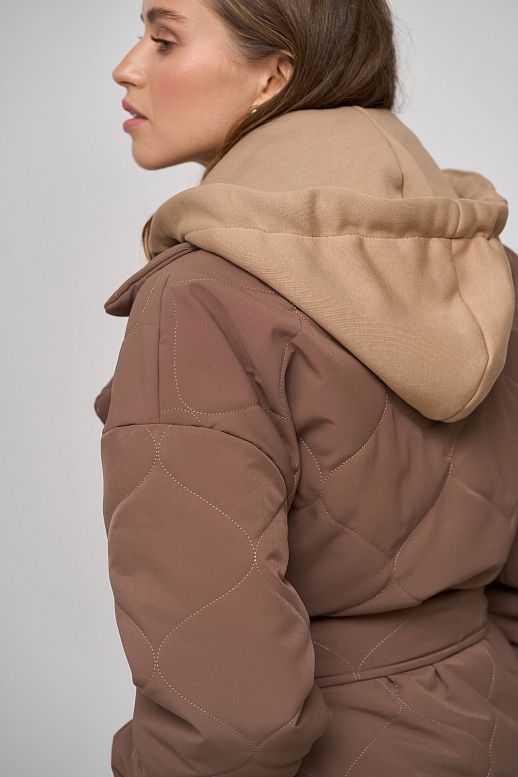 Long brown coat with strap and detachable hood - №2