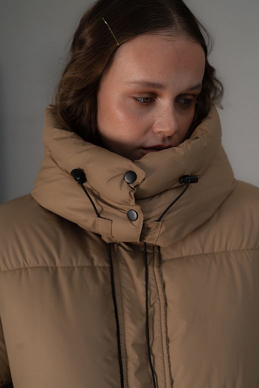 Long beige down jacket with hood 