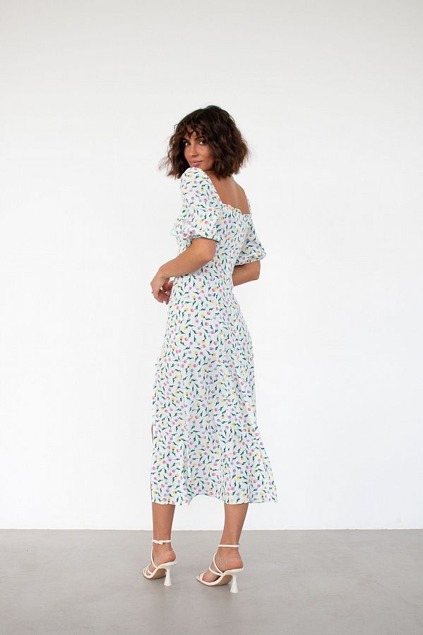 Midi dress with slit and short sleeve ivory in multicolored flowers D0521KR/7 № 3