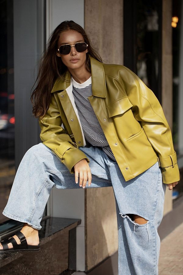 Olive green short eco-leather trench coat on suede МБКТ010/2 #RU#  МБКТ010/2 № 3