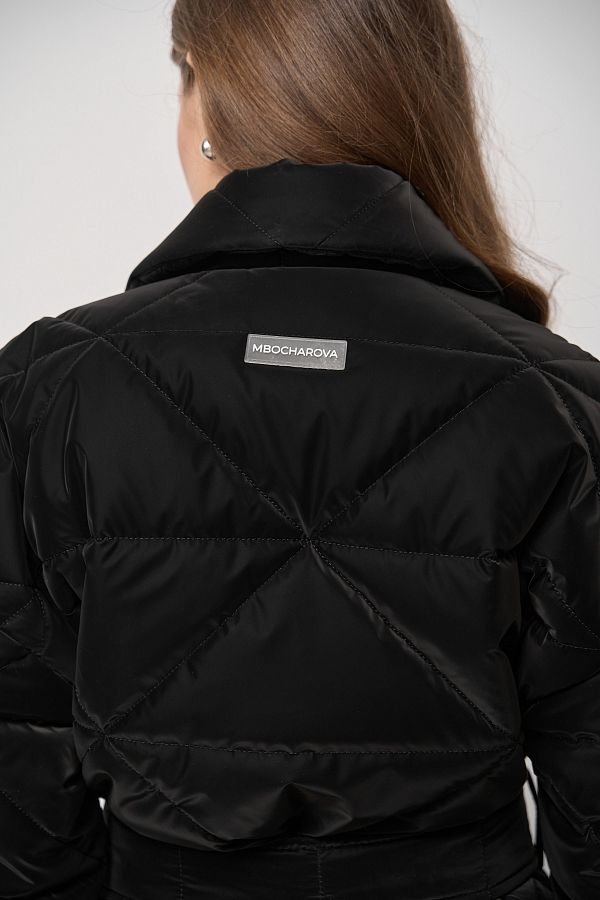 Long quilted coat black with triangle pattern MBPSH001/5 #RU# Długa pikowana kurtka z czarnym paskiem w trójkątny wzór MBPSH001/5 № 2