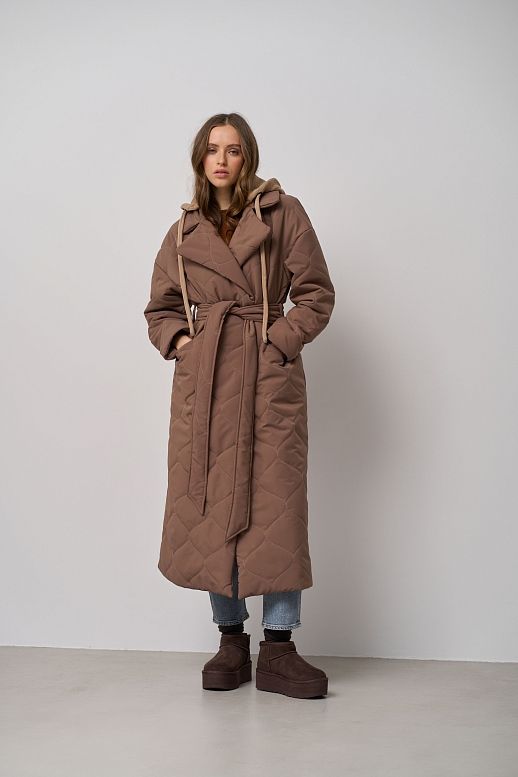 Long brown coat with strap and detachable hood