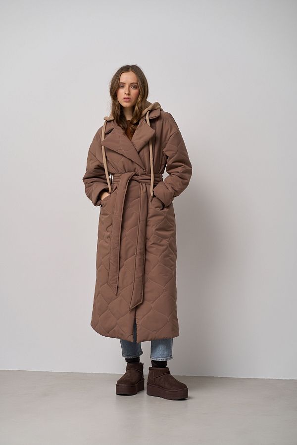 Long brown coat with strap and detachable hood K0722/20 #RU#  K0722/20 № 1